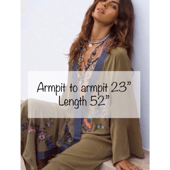 Embroidered Floral Bohemian Kimono Robe Swimsuit Cover-Up in Olive Green - Picture 6 of 7